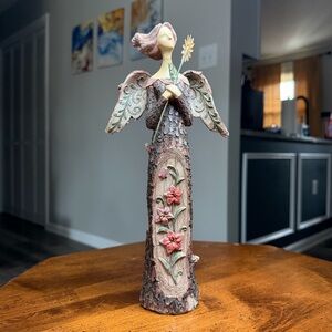 Ganz Rustic Angel Figurine  Floral Carvings Folk Art Bark Wood 10.75 In